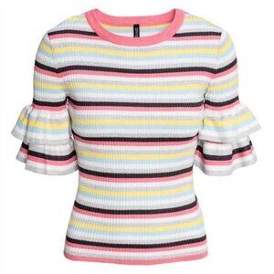 H&M Multicolored Rib Knit Ruffle Sleeve Top Sz S